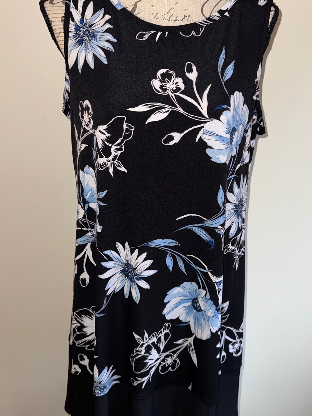 Black Floral Sleeveless Dress with Light Blue & White Flowers
